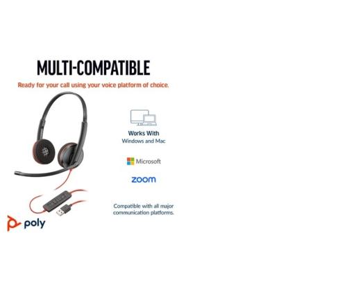 Poly Blackwire 3220 Stereo Wired Headset, USB-C, USB-C/A Adapter, Black