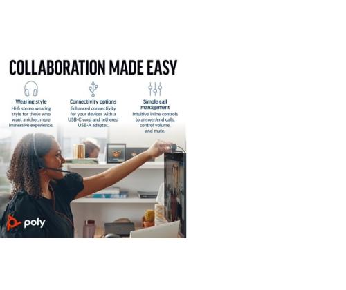 Poly Blackwire 3220 Stereo Wired Headset, USB-C, USB-C/A Adapter, Black