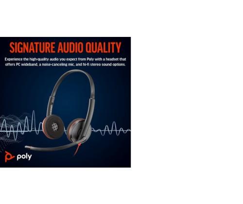 Poly Blackwire 3220 Stereo Wired Headset, USB-C, USB-C/A Adapter, Black