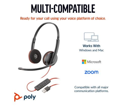 Poly Blackwire 3220 Stereo Wired Headset, USB-C, USB-C/A Adapter, Black