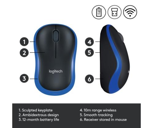 Logitech M185 Wireless Mouse, RF Wireless, 1000 DPI, Black/Blue
