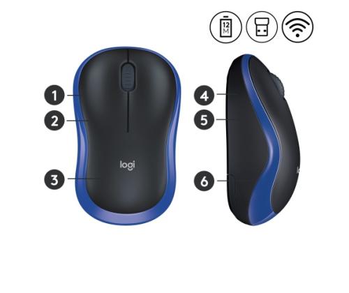 Logitech M185 Wireless Mouse, RF Wireless, 1000 DPI, Black/Blue