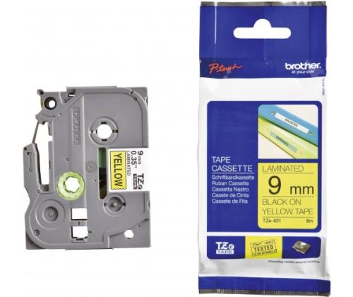 Brother TZe-621 (TZE621) Laminated Label Tape cassette P-touch, Black on Yellow 9mm, 8m