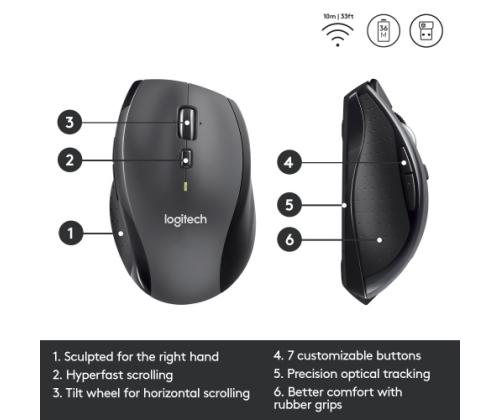 Logitech Marathon M705 Wireless Mouse, RF Wireless, 1000 DPI, Charcoal