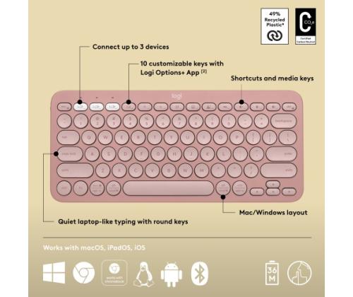 Logitech Pebble Keys 2 K380s Wireless Keyboard, RF Wireless+Bluetooth, US INT, Tonal Rose