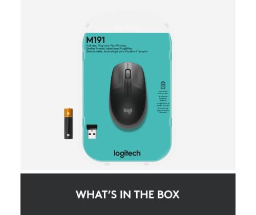Logitech M190 Full-Size Wireless Mouse, RF Wireless, 1000 DPI, Charcoal