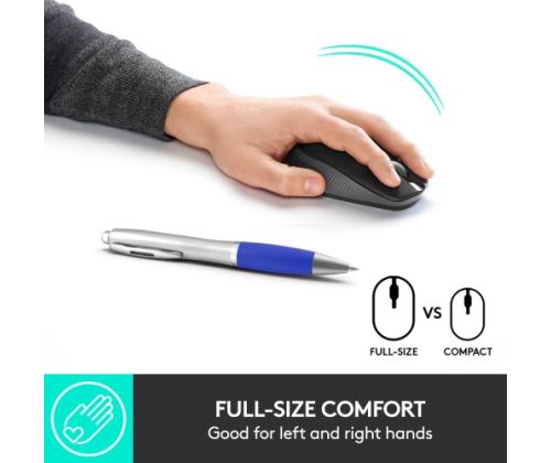 Logitech M190 Full-Size Wireless Mouse, RF Wireless, 1000 DPI, Charcoal