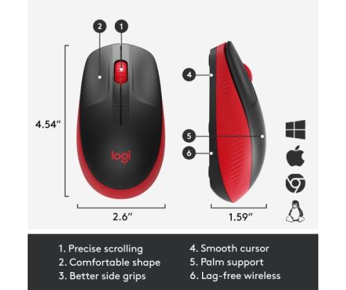 Logitech M190 Full-Size Wireless Mouse, RF Wireless, 1000 DPI, Red (SPEC)