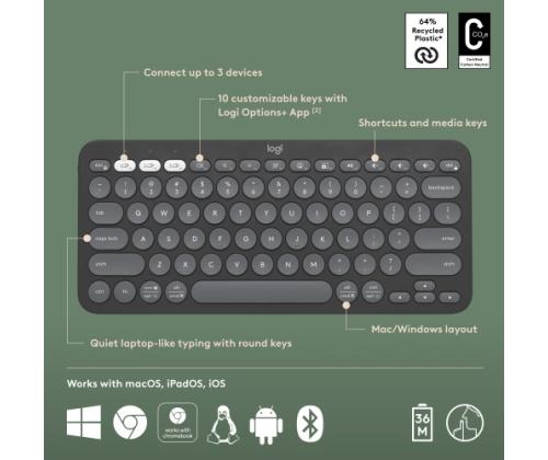 Logitech Pebble Keys 2 K380s Wireless Keyboard, RF Wireless + Bluetooth, US INT, Tonal Graphite