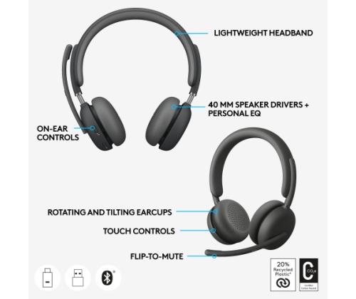 Logitech Zone Wireless 2 UC Wireless Headset, USB-C, USB-C Bluetooth receiver, Graphite
