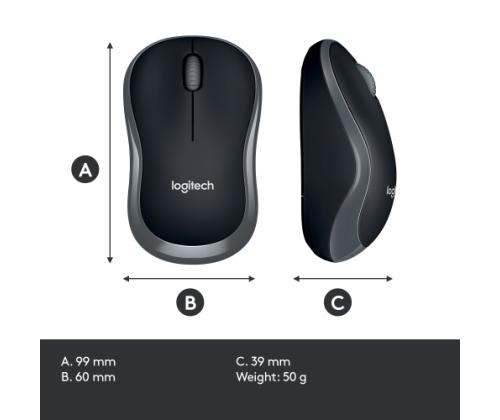 Logitech M185 Wireless Mouse, RF Wireless, 1000 DPI, Black/Grey