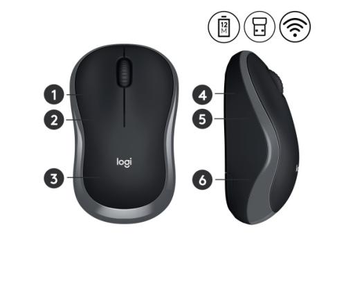 Logitech M185 Wireless Mouse, RF Wireless, 1000 DPI, Black/Grey