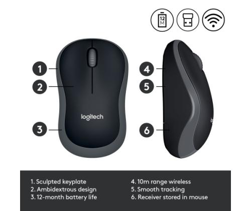 Logitech M185 Wireless Mouse, RF Wireless, 1000 DPI, Black/Grey