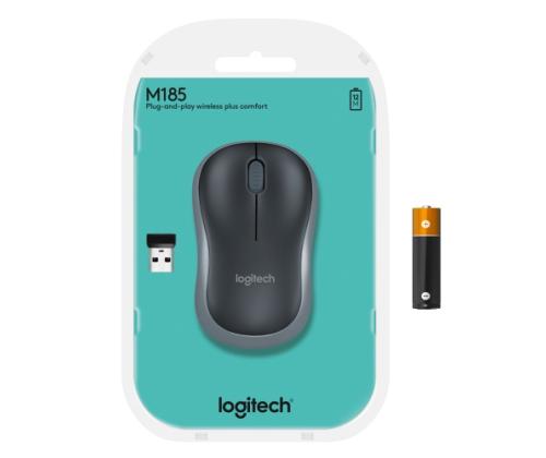 Logitech M185 Wireless Mouse, RF Wireless, 1000 DPI, Black/Grey