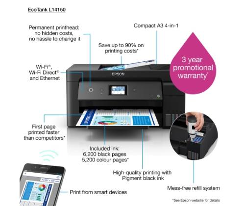 Epson EcoTank L14150 Printer Inkjet Colour MFP A3+ 38 ppm USB Wi-Fi Ethernet LAN
