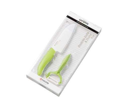 Kyocera FK140CP10NGR SANTOKU KNIFE &amp; PEELER Set, knife (14 cm blade) and peeler, Green