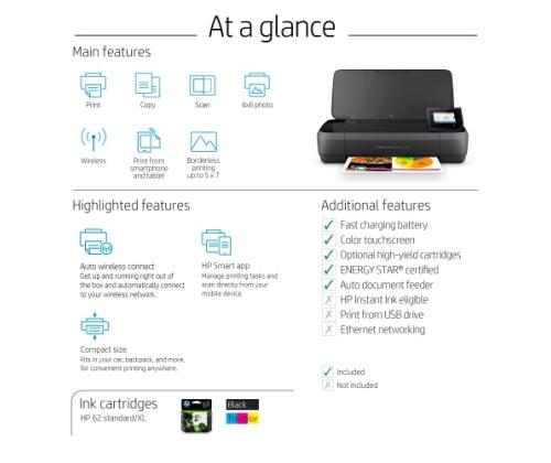 HP OfficeJet 250 Mobile All-in-One Printer Inkjet Colour MFP A4 20 ppm USB Wi-Fi Bluetooth