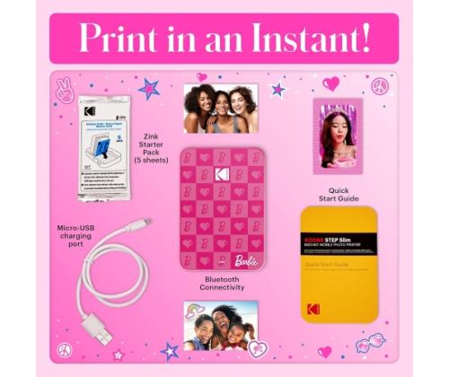 Barbie x Kodak STEP Slim Instant Mobile Photo printer Colour ZINK 2x3'' 1ppm, Bluetooth, Pink