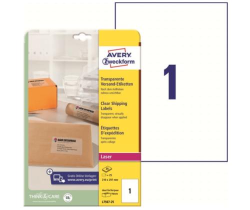 Etiketid läbipaistvast polüesterkilest 210x297mm Avery L7567-25 lehte pakis