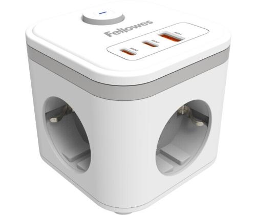 Pikendusjuhe FELLOWES Ampra 3-pesa, 1 x USB-A ja 2 x USB-C, lülitiga valge