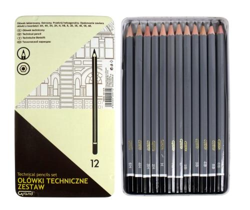 Harilike pliiatsite komplekt GRAND metallkarbis 12 erineva tugevusega