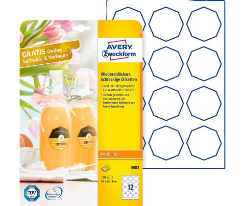 Kleebisetikett AVERY Zweckform 61x60,3mm 10 lehte eemaldatav kaheksanurkne (5083)