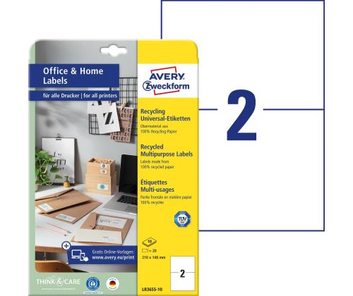 Kleebisetikett AVERY Zweckform 210x148mm 10 lehte taaskasutatud paberist (LR3655-10)