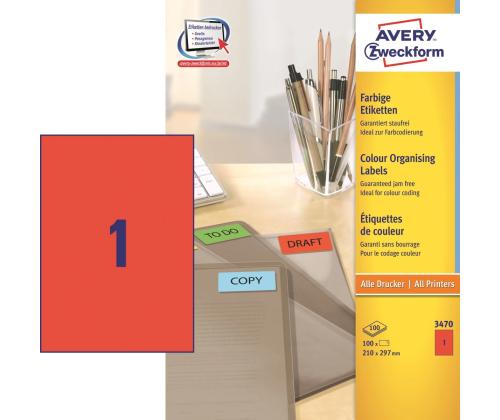 Kleebisetikett AVERY Zweckform 210x297mm 100 lehte punane (3470)
