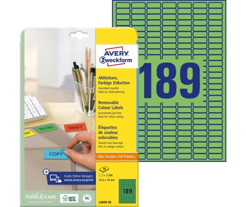 Kleebisetikett AVERY Zweckform 25,4x10mm 20 lehte eemaldatav roheline (L6049-20)