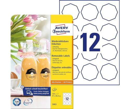 Kleebisetikett AVERY Zweckform 61x60,3mm 10 lehte eemaldatav kaheksanurkne (5083)