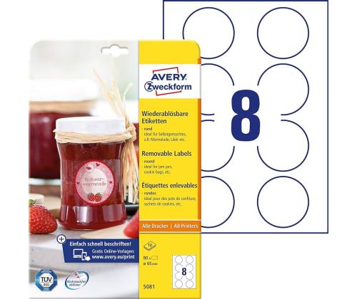 Kleebisetikett AVERY Zweckform Q65mm 10 lehte eemaldatav (5081)