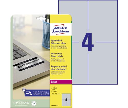 Kleebisetikett hõbedasest polüesterkilest AVERY Zweckform 105x148mm 20 lehte pakis (L6134-20)