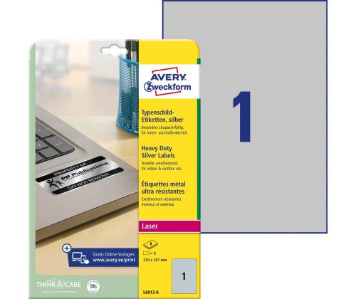 Kleebisetikett hõbedasest polüesterkilest AVERY Zweckform 210x297mm ilmastikukindel 8 lehte (L6013-8)