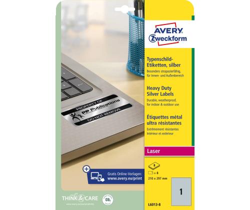 Kleebisetikett hõbedasest polüesterkilest AVERY Zweckform 210x297mm ilmastikukindel 8 lehte (L6013-8)