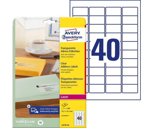 Kleebisetikett läbipaistvast polüesterkilest AVERY Zweckform 45,7x25,4mm 25 lehte (L4770-25)