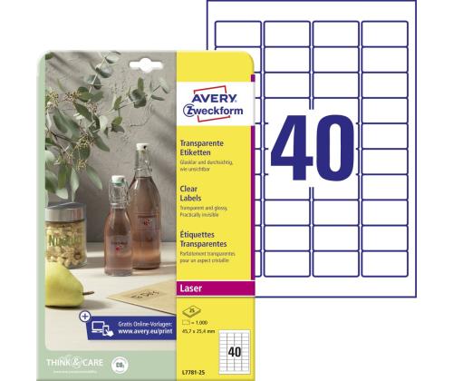 Kleebisetikett läbipaistvast polüesterkilest AVERY Zweckform 45,7x25,4mm 25 lehte (L7781-25)