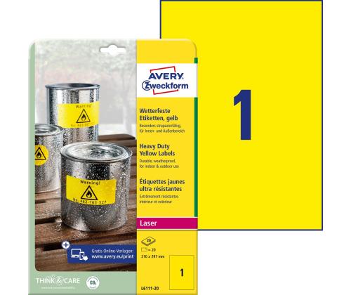 Kleebisetikett polüesterkilest ilmastikukindel AVERY Zweckform 210x297mm 20 lehte pakis kollane (L6111-20)