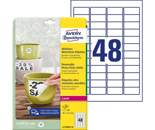 Kleebisetikett polüesterkilest ilmastikukindel AVERY ZWECKFORM 45,7x21,2mm 20 lehte eemaldatava liimiga  (L4778REV-20)