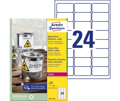 Kleebisetikett polüesterkilest ilmastikukindel AVERY Zweckform 63,5x33,9mm 100 lehte pakis (L4773-100)