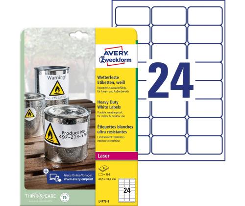 Kleebisetikett polüesterkilest ilmastikukindel AVERY Zweckform 63,5x33,9mm 8 lehte (L4773-8)