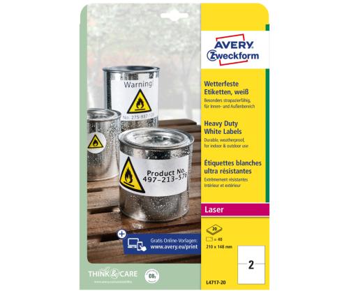 Kleebisetikett polüesterkilest ilmastikukindel AVERY Zweckform 63,5x33,9mm 8 lehte permanentse liimiga (L4773-8)