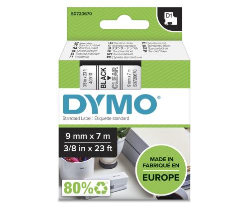 Kleepkirjalintmarkeerimislint DYMO 40910 9mm x 7m must kiriläbipaistval