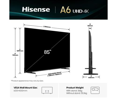 TV Set HISENSE 85 " 4K Ultra HD 3840 x 2160 pixels Flat 16:9 LED 85A6Q