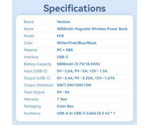 POWER BANK WRL 5000MAH 20W/MAGNETIC BLACK FHSB0 VENTION