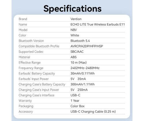 HEADSET WRL ECHO LITE E11/WHITE NBVW0 VENTION