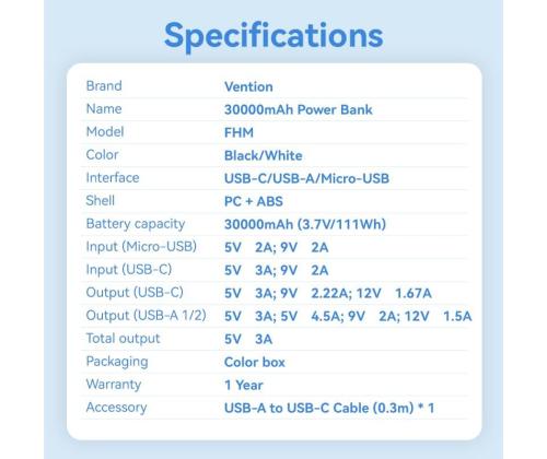 POWER BANK USB 30000MAH 22.5W/BLACK FHMB0 VENTION