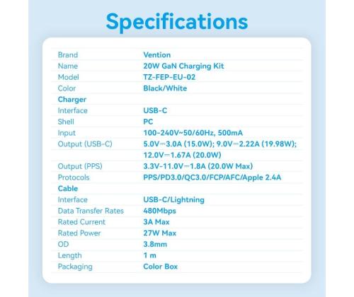 MOBILE CHARGER WALL USB-C/20W TZ-FEPW0-EU-02 VENTION