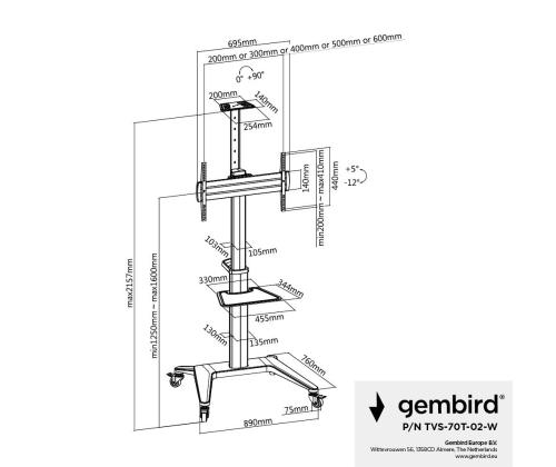 TV SET ACC FLOOR STAND 37-70"/WHITE TVS-70T-02-W GEMBIRD