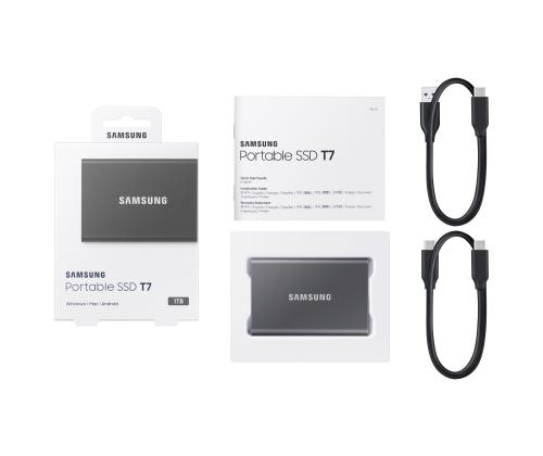 External SSD SAMSUNG T7 1TB USB 3.2 Write speed 1000 MBytes/sec Read speed 1050 MBytes/sec MU…