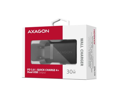 MOBILE CHARGER WALL USB 30W/2PORT BLACK ACU-PQ30 AXAGON